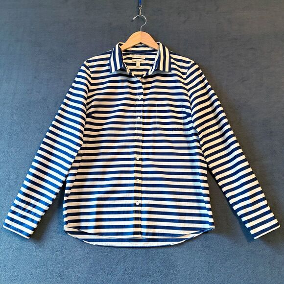 J Crew Navy/White Stripe Button Front Shirt Lightweight Boy Cut- Women's 12 - Picture 2 of 12